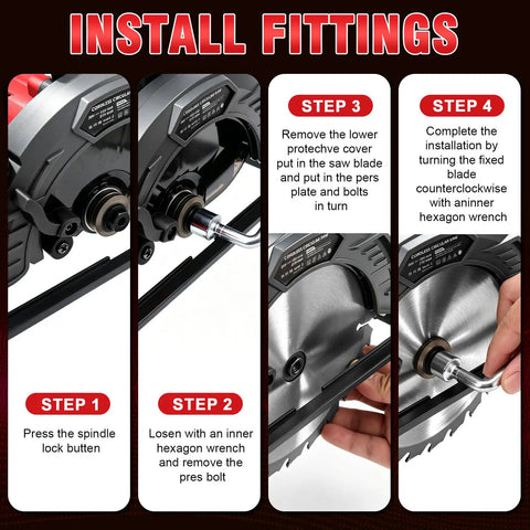 Install fittings steps for Badass Six Point Five Inch Cordless Circular Saw With Brushless Bldc Motor 1100 Watt 6200 Rpm.