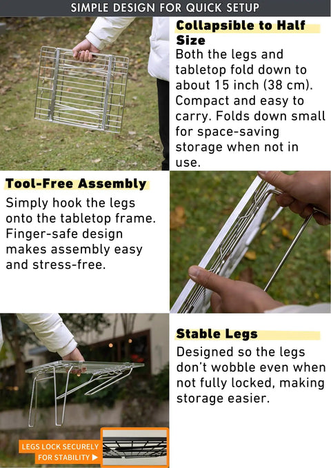 Expandable Slim Camping Rack Foldable Gear Shelf for Tent, Car, and RV Camping shown with tool-free assembly and stable legs.