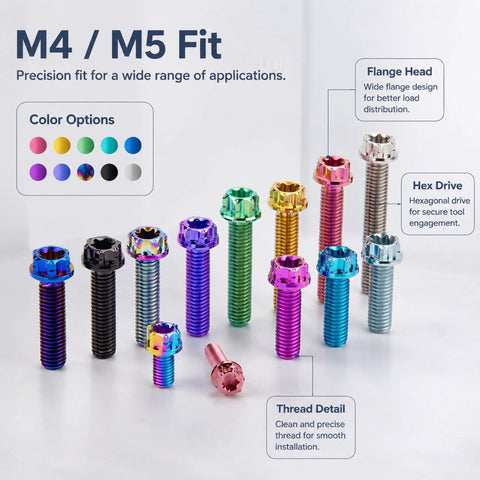 Top Tier Tc4 Titanium Alloy Flange Screws For High Performance Motor Mods And Engine Builds With Heavy Duty M4 M5 Metric Fasteners, colorful varieties displayed.