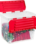 Six Pack Heavy Duty Red Storage Bins With Secure Hinged Lids For Hassle Free Stackable Home Organization And Built Different Clutter Control Solutions Bpa Free Large capacity container with festive decorations inside.
