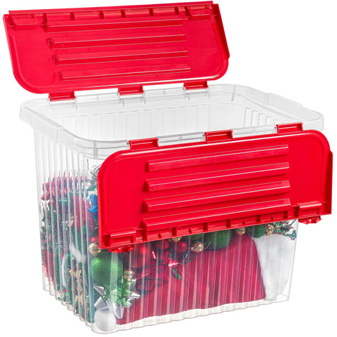 Six Pack Heavy Duty Red Storage Bins With Secure Hinged Lids For Hassle Free Stackable Home Organization And Built Different Clutter Control Solutions Bpa Free Large capacity container with festive decorations inside.