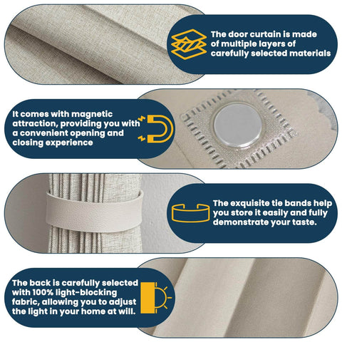 Close-up of cream white 100 Percent Blackout Accordion Door Curtain For Sliding Glass Doors, featuring magnetic panels and tie bands.