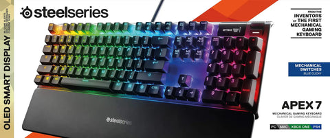 Top Tier Mechanical Gaming Keyboard Featuring Integrated OLED Display USB Passthrough Media Controls Heavy Duty Aluminum Housing Tactile Clicky Blue Switches Full Spectrum RGB Lighting For Gamers with vibrant RGB backlighting and sturdy aluminum design.
