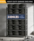 Super Heavy Duty Six Tier Metal Storage Shelves With Height Adjustment Rock Solid Double Layer Upright Design the Ultimate Garage Rack storing tires in a spacious garage environment.