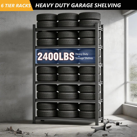Super Heavy Duty Six Tier Metal Storage Shelves With Height Adjustment Rock Solid Double Layer Upright Design the Ultimate Garage Rack storing tires in a spacious garage environment.
