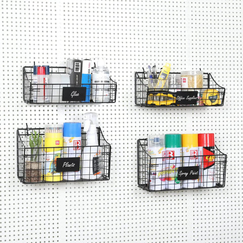 Pegboard Baskets And Bins 4 Pack With 5 S Hooks Wall Mount Storage Bins With Name Plate For Garage Workshop Craft Room Laundry Room Metal Wire Organizer For Tools And Accessories displayed on pegboard.