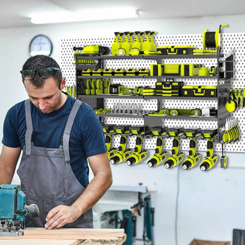 Heavy Duty Five Layer Power Tool Organizer Wall Mount With Eight Drill Holders And Cordless Tool Hanger Storage Rack for workshop