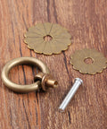 Vintage Style Brass Ring Pulls For Cabinets And Drawers, Round Cabinet Knobs And Drawer Handles For Dresser Kitchen Cupboard And Closet Doors, Antique Brass Finish With Screws, Durable Solid Brass Hardware image showing disassembled parts.
