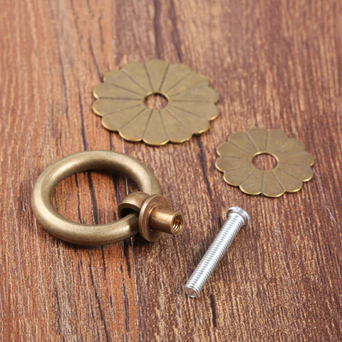 Vintage Style Brass Ring Pulls For Cabinets And Drawers, Round Cabinet Knobs And Drawer Handles For Dresser Kitchen Cupboard And Closet Doors, Antique Brass Finish With Screws, Durable Solid Brass Hardware image showing disassembled parts.