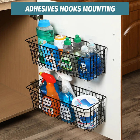 Extra Large Hanging Wall Mount Storage Baskets 4 Pack Sleek Black Wire Metal Organizer With Adhesive And Steel Hooks Badass Durability Zero Hassle Setup For Kitchen Bathroom Pantry And Utility Spaces