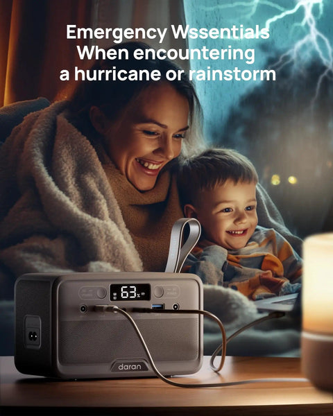 Family using Pocket Sized Power Station With LiFePO4 Battery, 89.6Wh, 100W Continuous Output And 200W Peak during storm at home.