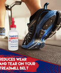 Close-up of treadmill foot in motion with Treadmill Belt Lube 100 Percent Silicone Oil Made in USA Odorless Safe for Home and Pets