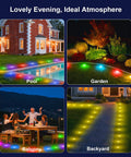 65.6Ft LED Strip Lights With Music Sync illuminating pool, garden, balcony, and backyard, showcasing colorful ambiance at night.