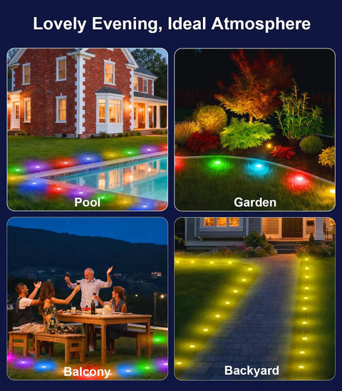 65.6Ft LED Strip Lights With Music Sync illuminating pool, garden, balcony, and backyard, showcasing colorful ambiance at night.