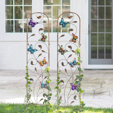 Two Pack Metal Garden Trellis With Colorful Butterfly Accents 60 Inch High Arched Outdoor Fence Trellis for Climbing Plants