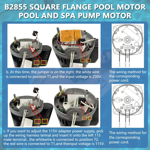 No Sweat Heavy Duty Dual Voltage Pool Pump Motor 2HP B2855 Replacement wiring guide showing terminals and voltage connections.