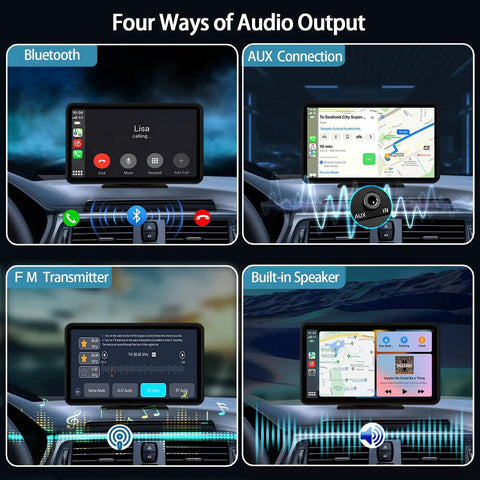 Four audio outputs on wireless portable 7 inch touchscreen car stereo with Bluetooth, AUX, FM transmitter, built-in speaker