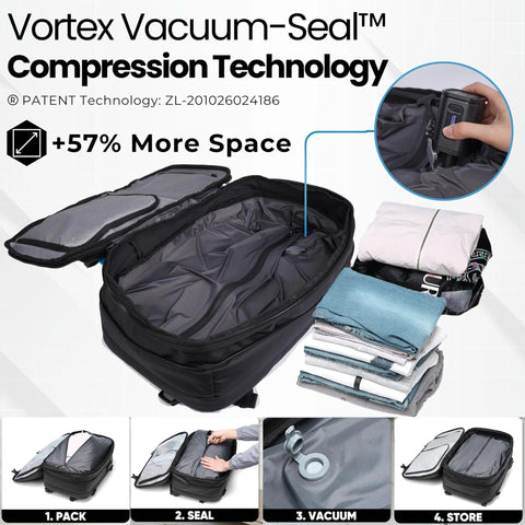 Black vacuum-seal compression bag with cordless pump; open bag interior and folded clothes nearby.