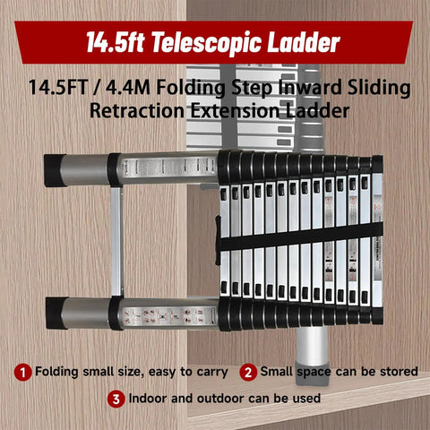14.5 Foot Aluminum Telescopic Ladder With Dual Locking Mechanism Non Slip Collapsible Multi Use Step Ladder 330 Pound Capacity