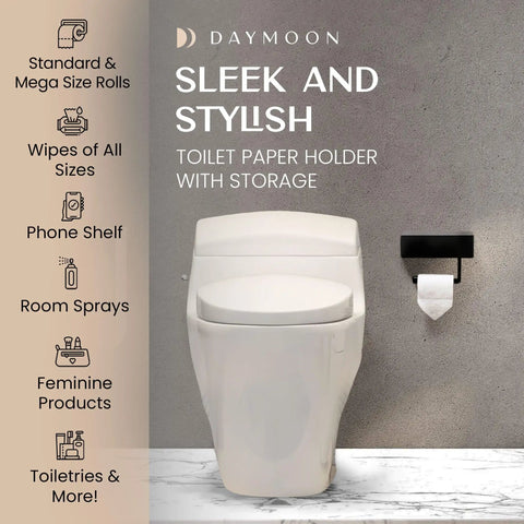 Toilet Paper Holder With Shelf And Storage Black Wall Mount Bathroom Organizer beside modern toilet