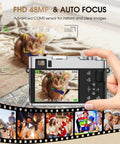 4K Digital Camera With 48MP Auto Focus, 16x Zoom capturing a cat indoors, viewfinder showing autofocus functionality, filmstrip effect.