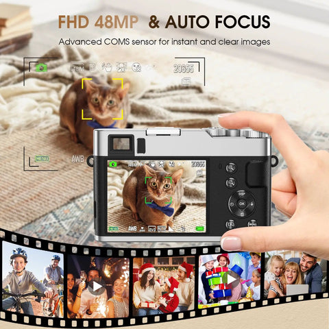 4K Digital Camera With 48MP Auto Focus, 16x Zoom capturing a cat indoors, viewfinder showing autofocus functionality, filmstrip effect.