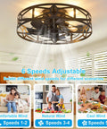 Smooth Operator Flush Mount Ceiling Fan with Remote and Six Speeds in Matte Black, featuring six speed settings in a modern living space.
