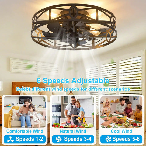 Smooth Operator Flush Mount Ceiling Fan with Remote and Six Speeds in Matte Black, featuring six speed settings in a modern living space.
