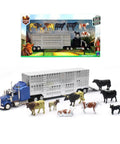 Country Life Die Cast Truck And Trailer Livestock Playset With Ten Cattle For Realistic Rural Farm Fun And Imaginative Play Ages Eight Plus Includes Free Wheeling Farm Vehicles And Opening Rear Door For Easy Loading And Unloading featuring blue die-cast semi-truck, cattle trailer, and ten cattle figurines.
