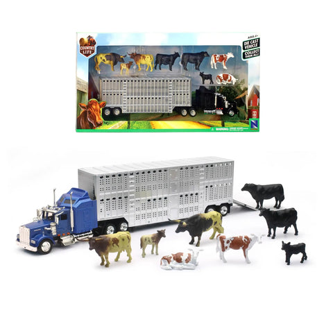 Country Life Die Cast Truck And Trailer Livestock Playset With Ten Cattle For Realistic Rural Farm Fun And Imaginative Play Ages Eight Plus Includes Free Wheeling Farm Vehicles And Opening Rear Door For Easy Loading And Unloading featuring blue die-cast semi-truck, cattle trailer, and ten cattle figurines.