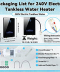 Packaging list for Top Shelf 14kW Electric Tankless Water Heater with wiring, weight, and included components.