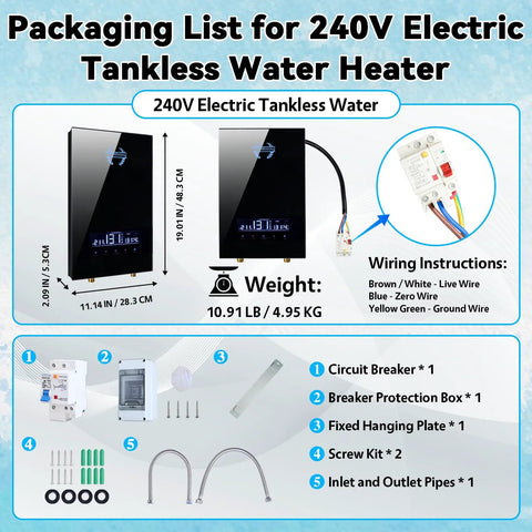 Packaging list for Top Shelf 14kW Electric Tankless Water Heater with wiring, weight, and included components.