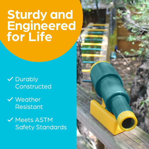 Pirate Ship Telescope For Kids Outdoor Playset Accessory Plastic Attachment For Treehouse And Backyard Playground Swing Set Green Durable Safe ASTM Approved Fully Rotates For Epic Kid Friendly Make Believe Adventures on a wooden railing.