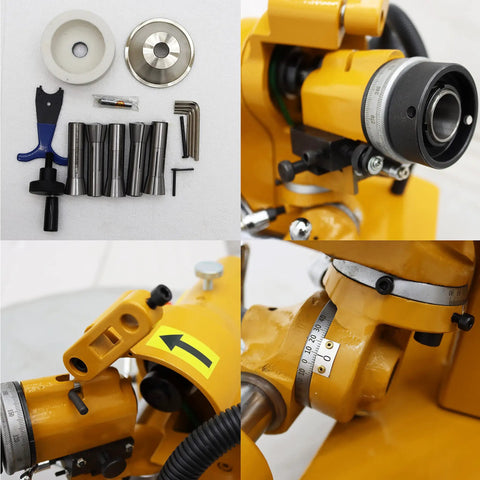 Boss Level Multi Functional Cutter Grinder Sharpener Bench Machine Drill Bit Refurbisher Plus Universal Hard Alloy Tool Grinding Kit components and settings view.