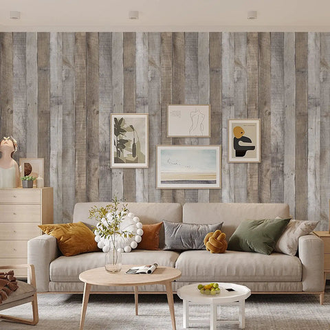 Living room with Wood Peel And Stick Wallpaper Plank Vinyl Roll For Walls Self Adhesive Shiplap Look Vintage Rustic Home Decor