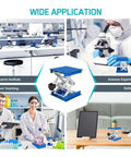 Two-pack blue aluminum lab jack stands with scissor lift, 4x4 in platforms, 145 mm height, 5 kg capacity.
