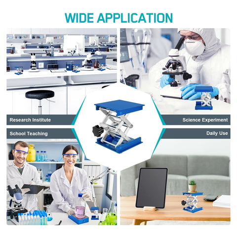 Two-pack blue aluminum lab jack stands with scissor lift, 4x4 in platforms, 145 mm height, 5 kg capacity.
