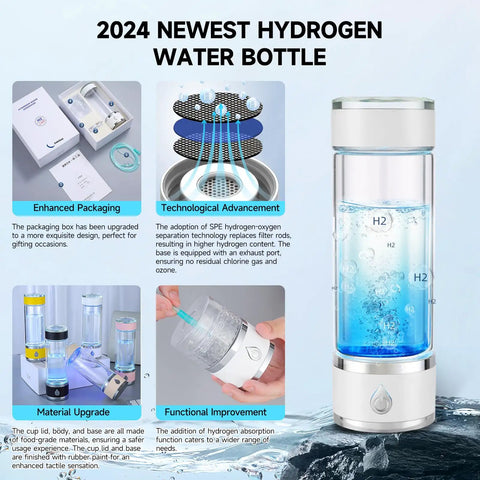 Hydrogen Water Bottle Generator Portable Rechargeable Glass Bottle With Spe Pem Technology Delivers 4100 PPB Pure Hydrogen In Just 3 Minutes