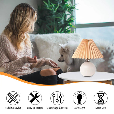 Pleated Ceramic Table Lamp With Tricolor Led Bulb For Living Room Decor on table near woman and dog, cozy setting