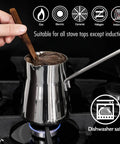 Go-To Turkish Coffee Pot Cezve Ibrik Briki Stainless Steel Stove Top Pot 16.9 Oz on gas stove with wooden stirrer