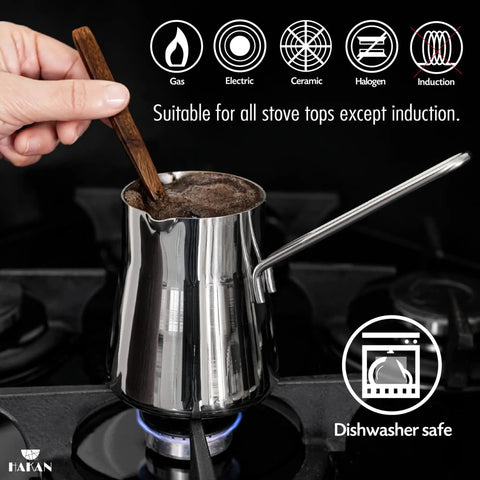 Go-To Turkish Coffee Pot Cezve Ibrik Briki Stainless Steel Stove Top Pot 16.9 Oz on gas stove with wooden stirrer