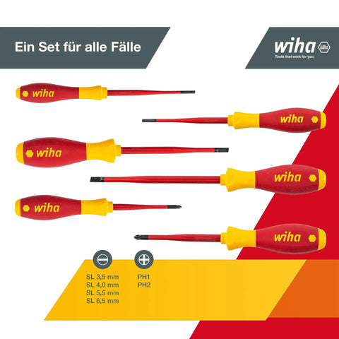 VDE Insulated Slotted And Phillips Slim Fix Screwdriver Set Six Piece With Ultra Slim Blades And SoftFinish Ergonomic Handles