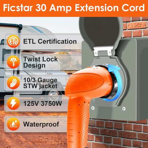 30 Amp RV Extension Cord 25 Ft With Locking TT-30P To L5-30R Connector, Heavy Duty 10/3 Gauge Copper, Weather Resistant STW Insulated, Perfect For Campgrounds, Generators, And Park Power Access on RV inlet