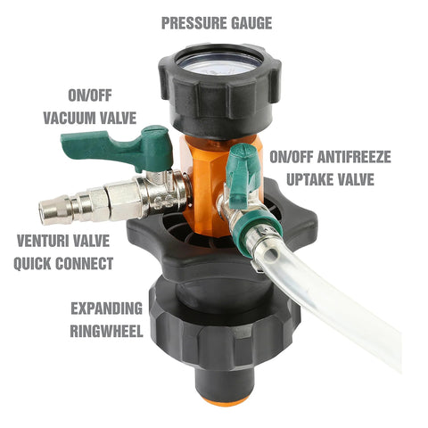 OEMTOOLS 24444 cooling system refiller AirEvac kit, front view with pressure gauge, vacuum and antifreeze valves, hose