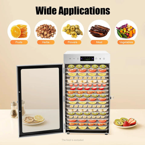 Heavy Hitter 18 Tray Food Dehydrator Machine Featuring No Sweat Touch Controls with various fruits displayed on trays.