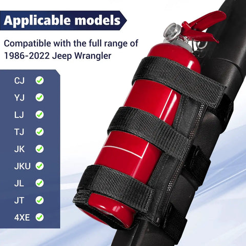 Adjustable Roll Bar Fire Extinguisher Mount For Jeep Wranglers And Other SUVs, 3 Lb Capacity, Black With Quick Disassembly Zipper on roll bar.