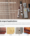 No Sweat Quick Fix Do It Yourself Laminate Floor Repair Kit With Heat Pen, wax sticks, markers, application tools on wood surface.