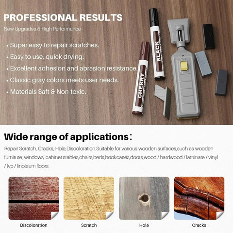 No Sweat Quick Fix Do It Yourself Laminate Floor Repair Kit With Heat Pen, wax sticks, markers, application tools on wood surface.