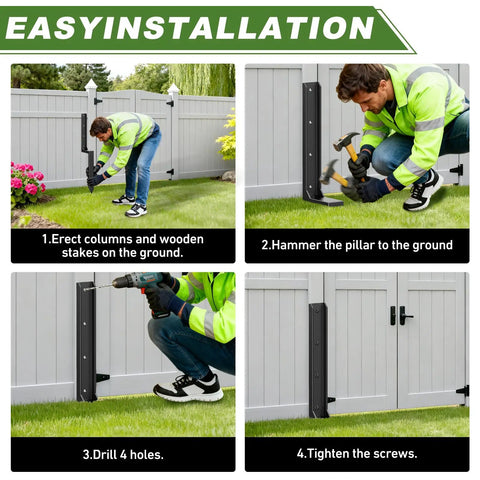 Installation steps for 4 Pack Fence Post Repair Kit With 3mm Thick 11 Gauge Galvanized Steel Anchors And 33.6 Inch Heavy Duty H Shape Ground Spikes No Digging Needed