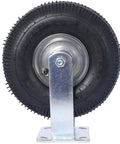 Heavy Duty 10 Inch Pneumatic Caster Wheels With Rigid Plate And Precision Ball Bearings Built Tough For No Sweat Hauling And Smooth Cruisin Performance from the front view showing the black tire and metal plate.